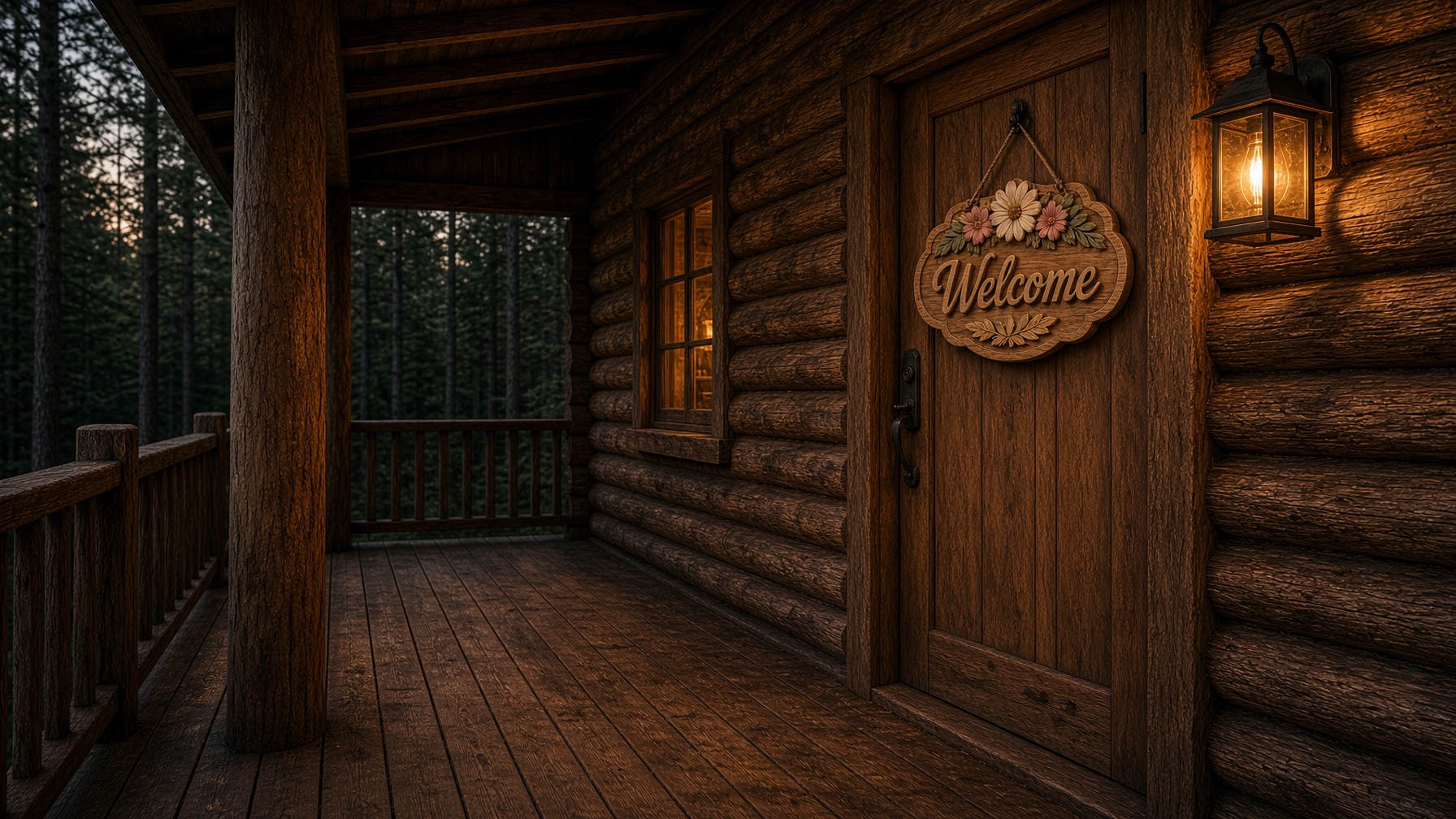 Covered cabin porch at dusk with a hanging wooden door hanger